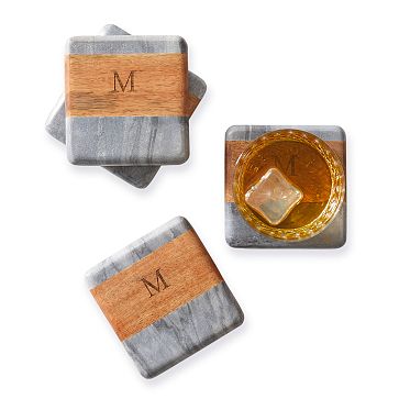 Wood and Marble Coasters, Set of 4, Charcoal Marble