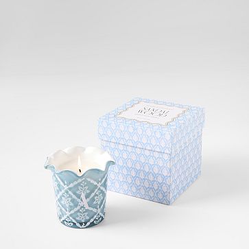 Hand Painted Block Print Candle, Single Wick, Light Blue, Sandalwood