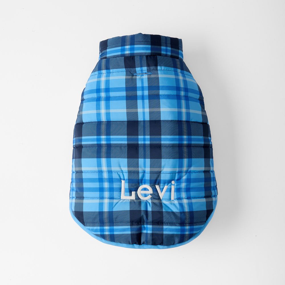 Puffer Dog Jacket, Light Blue-Navy Plaid, X-Small