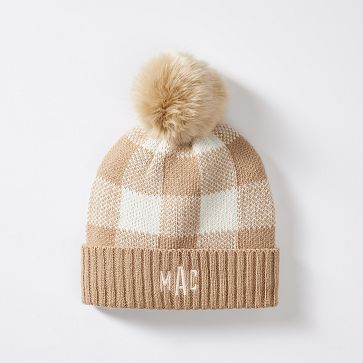 Gingham Pom Pom Hat, Adult, Camel-Ivory