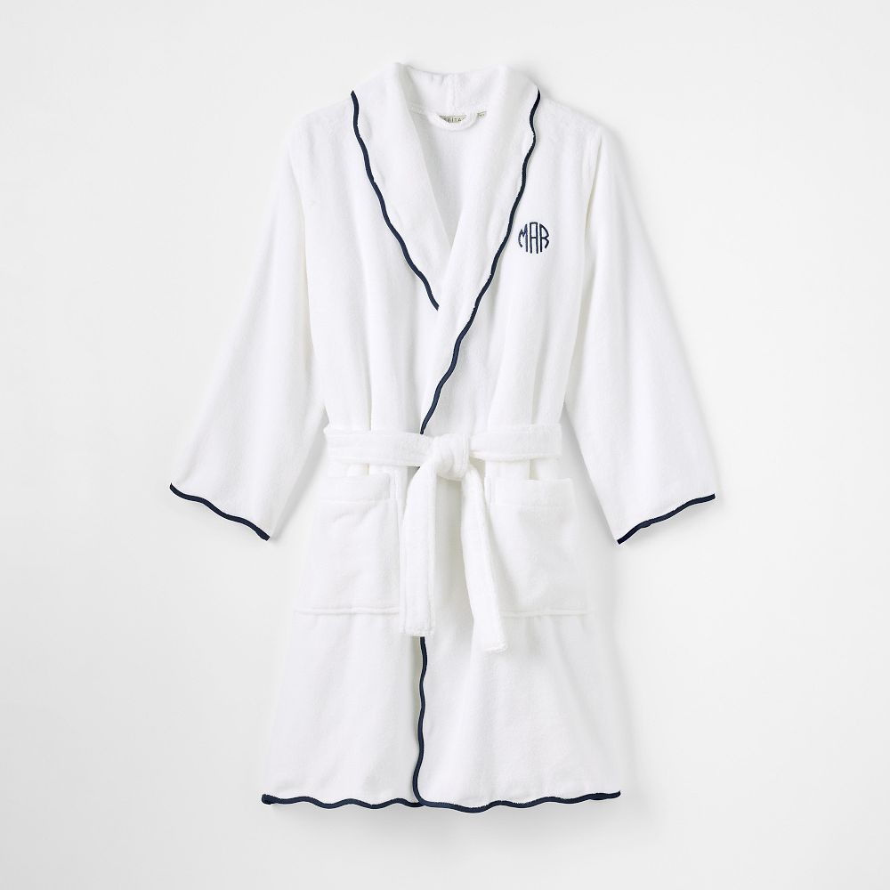 Hydrocotton Scalloped Bath Robe, X-Small-Small, White-Navy
