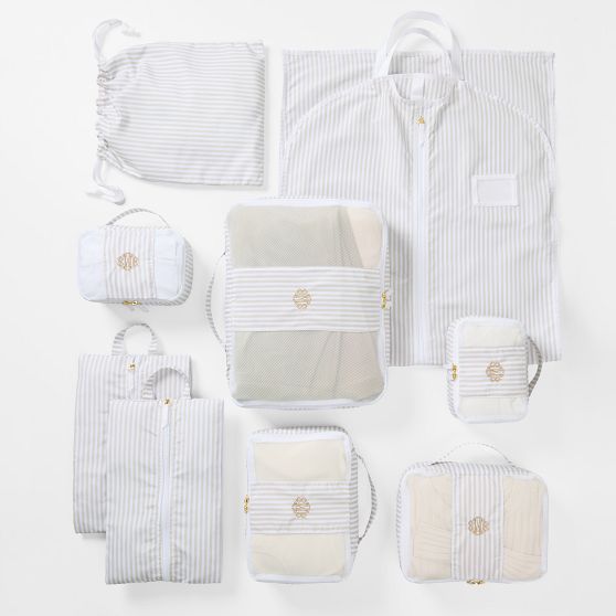 9 Piece Packing Cube Set with Garment Bag - Beige Stripe