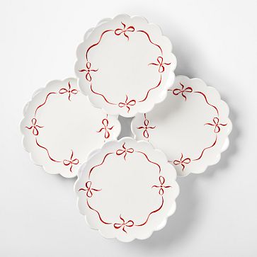 Bow Appetizer Plates, Set of 4, White-Red