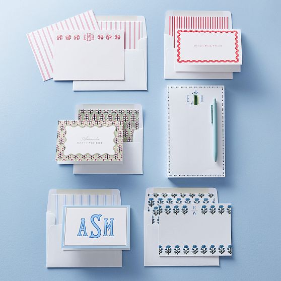Personalized Block Print Stationery Note Cards, Set of 24