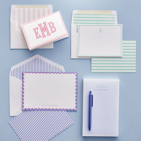 Personalized Coastal Stripe Stationery Note Cards, Set of 24