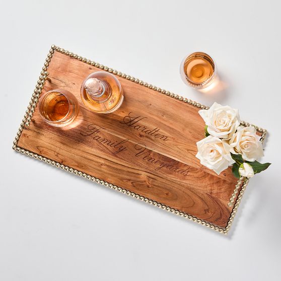 Beaded Brass and Wood Cheese Board with Handles