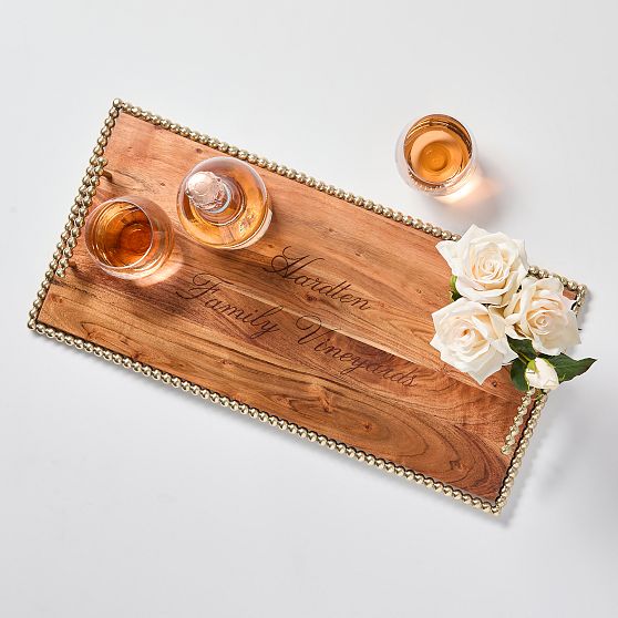 Beaded Brass and Wood Serving Tray