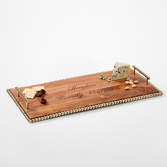 Beaded Brass and Wood Serving Tray