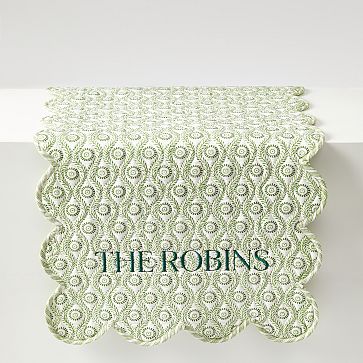 Block Print Scalloped Table Runner, Green Vine