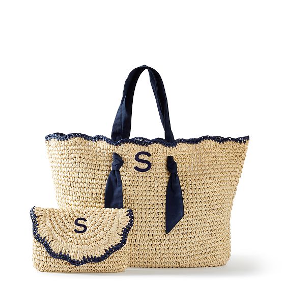 Ribbon Scalloped Raffia Tote and Clutch Set