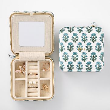 Small Travel Jewellery Case, Blue Carnation Flower