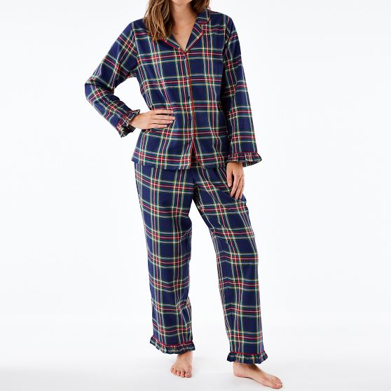 Plaid Ruffle Cotton Long Pajamas