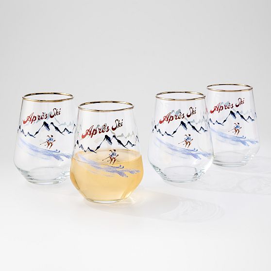 Ski Chalet Stemless Wine Glasses, Set of 4