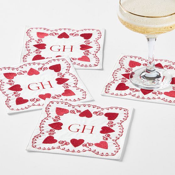 Embroidered Hearts Coasters, Set of 4