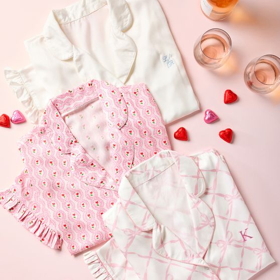 Ruffle Sateen Short Sleeve Long Pajamas