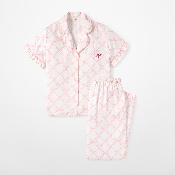 Ruffle Sateen Short Sleeve Long Pajamas