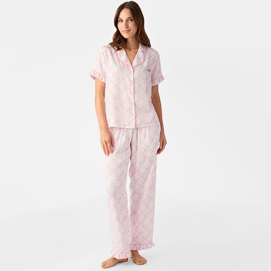 Ruffle Sateen Short Sleeve Long Pajamas