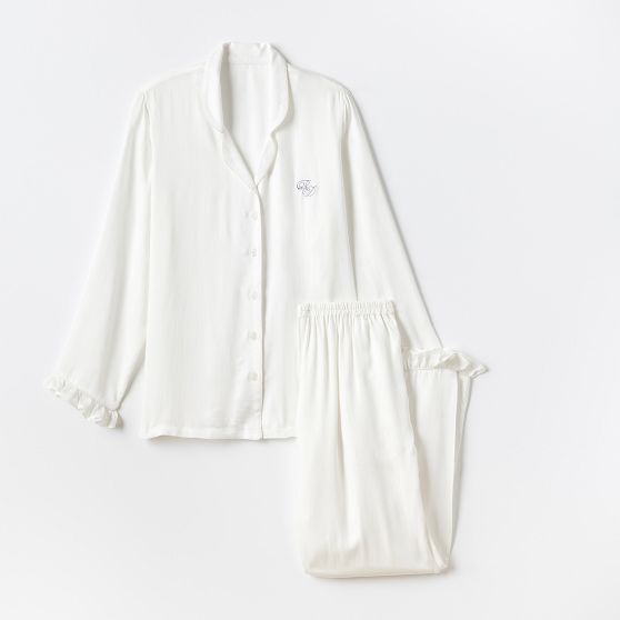 Ruffle Sateen Long Pajamas