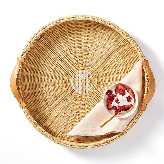 Wicker and Leather Serving Tray