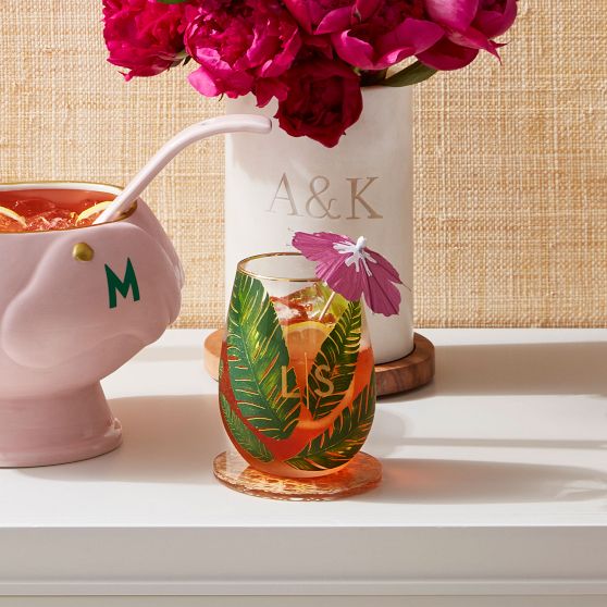 Hand Painted Palm Leaf Stemless Wine Glasses, Set of 4