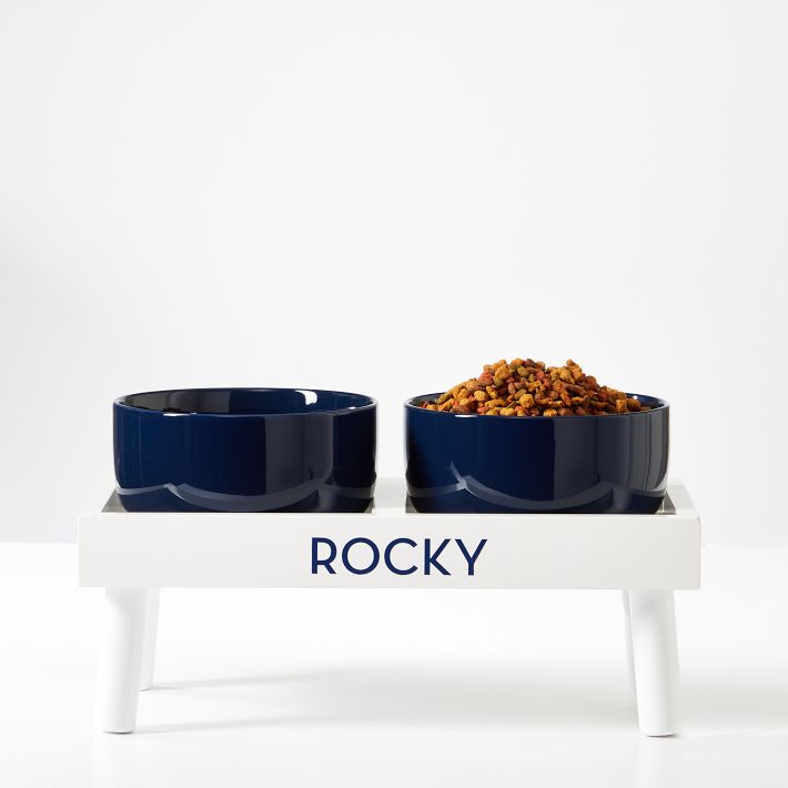 Ceramic Dog Bowls with Wooden Stand, Navy, Small