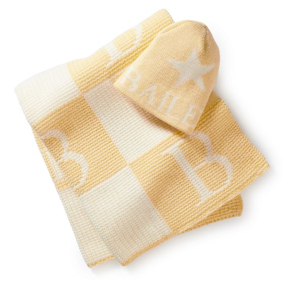 Initial Block Baby Stroller Blanket and Knitted Hat Gift Set