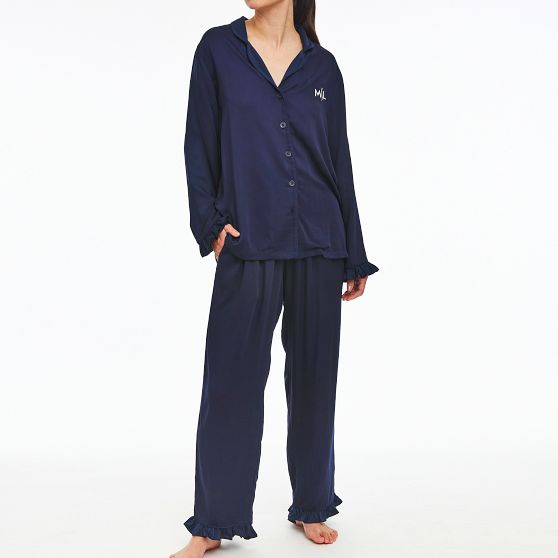 Ruffle Sateen Long Pajamas