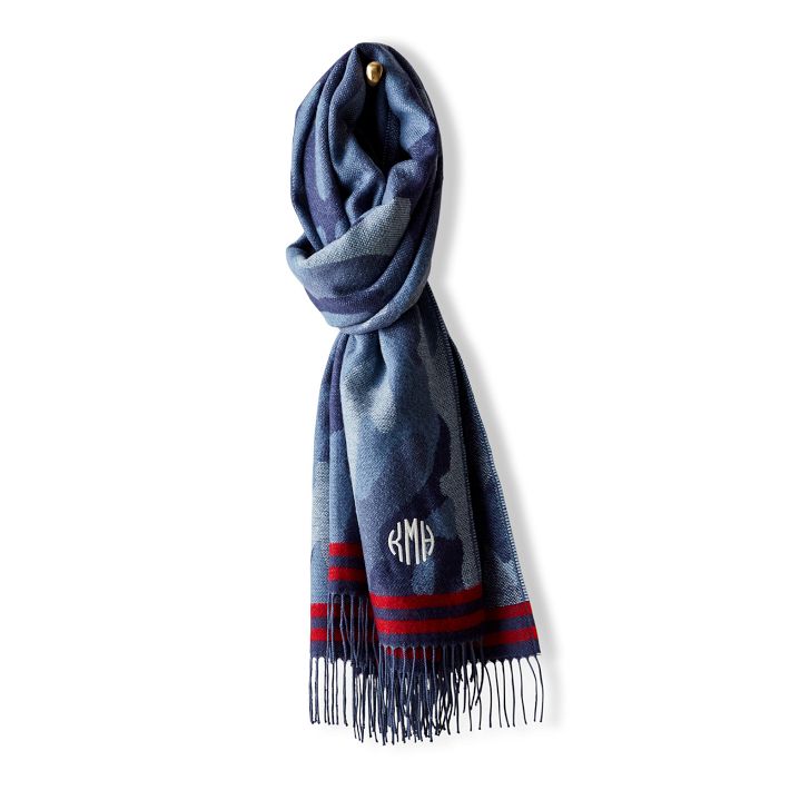 Camo Blanket Scarf with Fringe, Navy