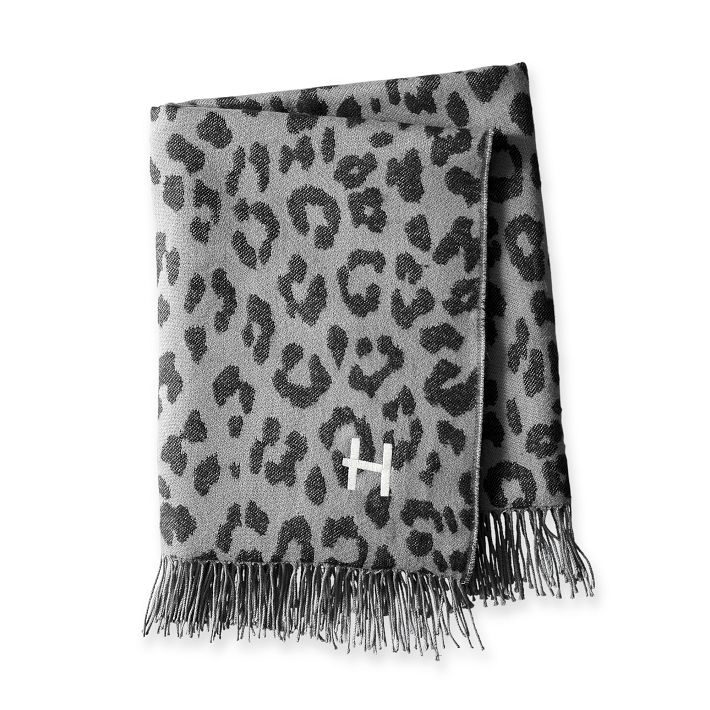 Leopard Throw Blanket with Fringe, Grey