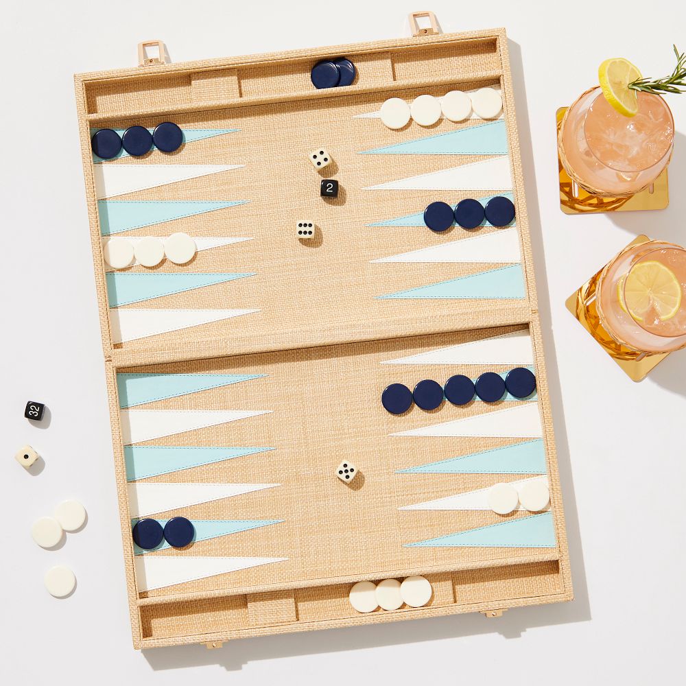 Raffia Backgammon Game Set: Light Blue-Navy
