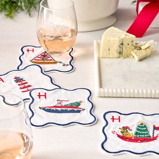 Boat Parade Embroidered Coasters, Set of 4