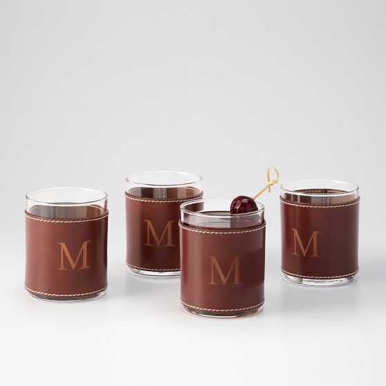 Manhattan Leather Double Old Fashioned Glasses, Set of 4