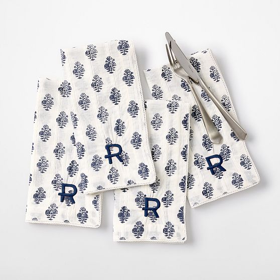 Block Print Napkins with Crochet Trim, Set of 4