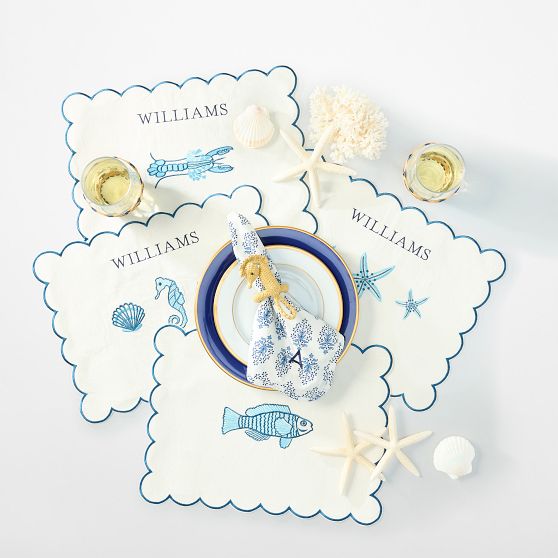 Embroidered Scalloped Coastal Placemats, Set of 4