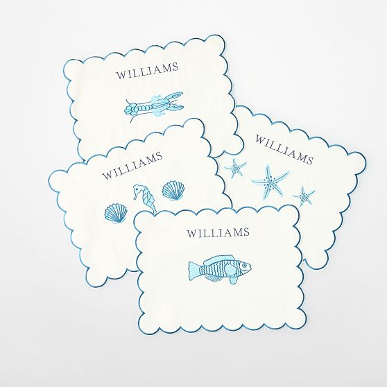 Embroidered Scalloped Coastal Placemats, Set of 4