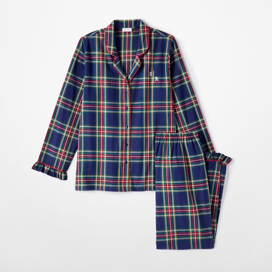 Plaid Ruffle Cotton Long Pajamas