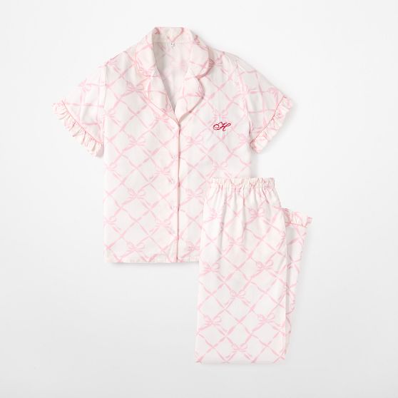 Ruffle Sateen Short Sleeve Long Pajamas