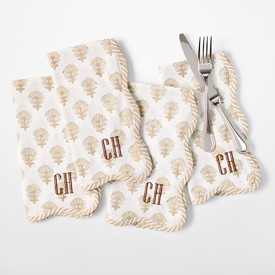 Scalloped Block Print Napkins, Set of 4