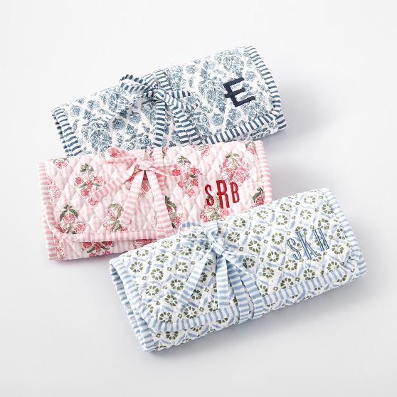 Block Print Quilted Travel Jewelry Roll Up