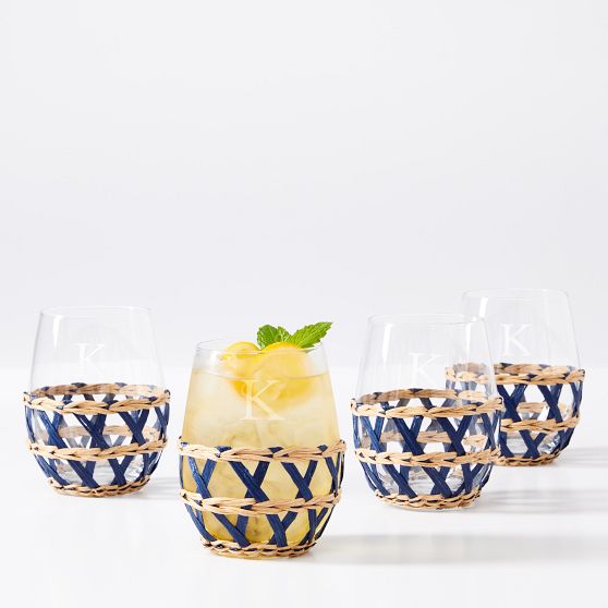 Raffia Wrapped Stemless Wine Glasses Glass, Set of 4