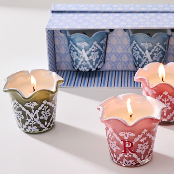 Hand-Painted Block Print Votive Candles, Set of 3
