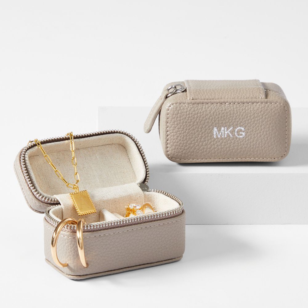 Mark and Graham Mini Travel Jewelry Case in taupe with monogram