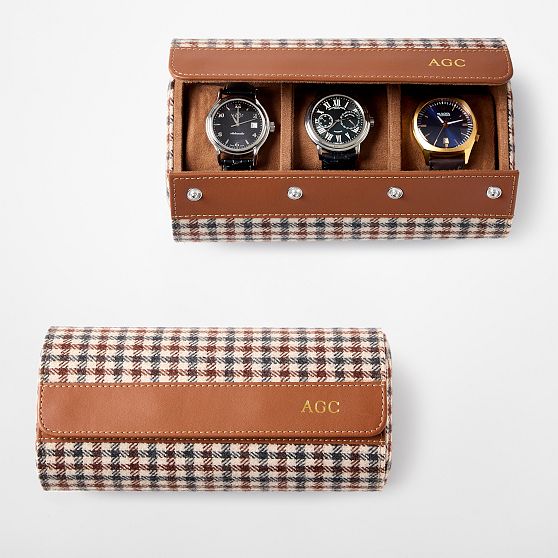Leather and Houndstooth Travel Triple Watch Roll