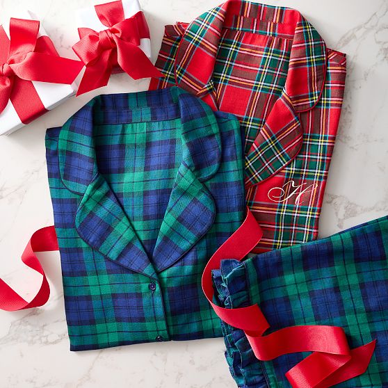 Tartan Ruffle Short-Sleeve Pajama Pant Set