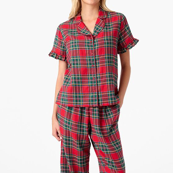 Tartan Ruffle Short-Sleeve Pajama Pant Set