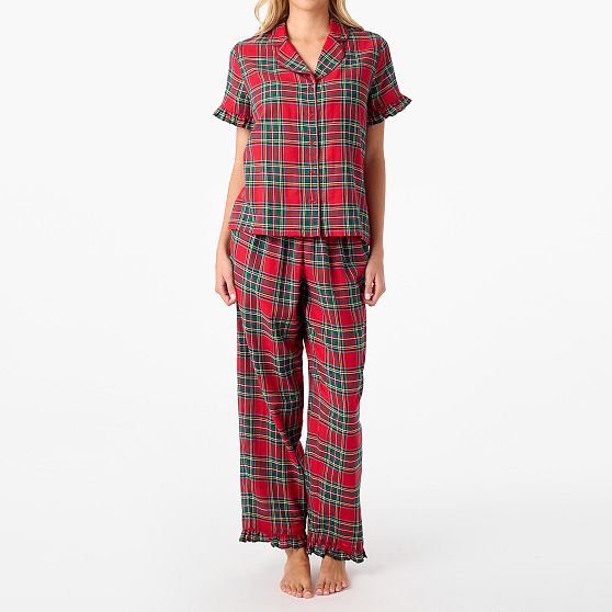 Tartan Ruffle Short-Sleeve Pajama Pant Set
