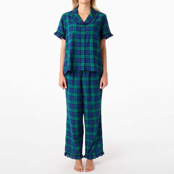 Tartan Ruffle Short-Sleeve Pajama Pant Set