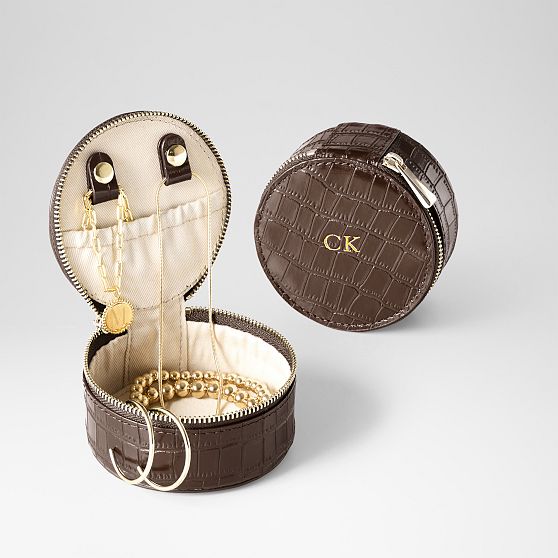 Embossed Croc Leather Round Jewellery Case​